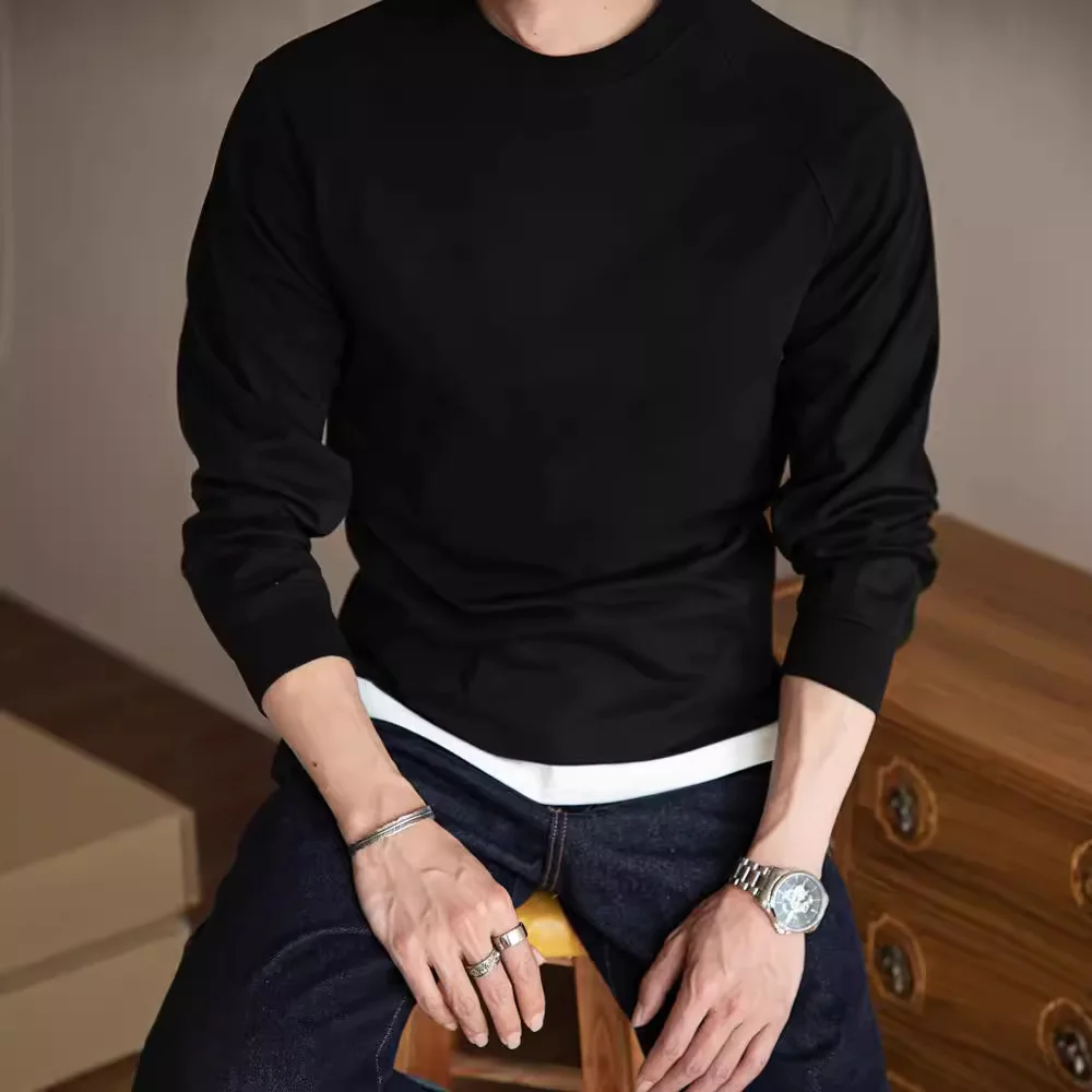 American Retro Cotton Raglan Long-sleeved T-shirt with Small Neckline and Inner Bottoming Shirt