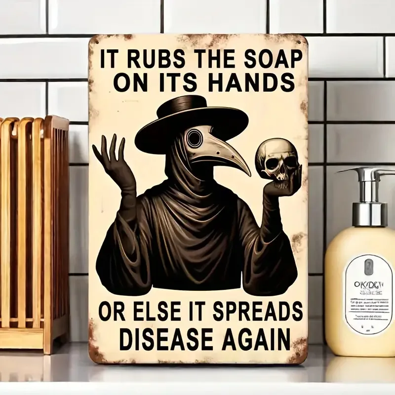 Vintage Hand Washing Reminder, Wall Hanging Art for Bathroom & Home Decor 1pc Gothic Plague Doctor Iron Sign -
