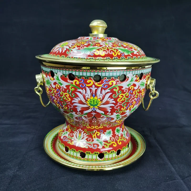 Cloisonne Brass Inner Small Hot Pot, Self-service Hotpot Alcohol Pot, Single Pure Copper Pots for Cooking Chafing Dish Buffet