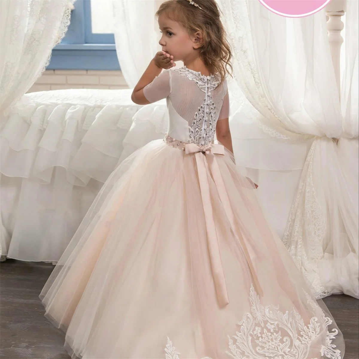 Vestido de niña de flores rosa esponjoso tul con cuentas encaje blanco boda elegante flor primer vestido de fiesta de cumpleaños eucarístico para niños