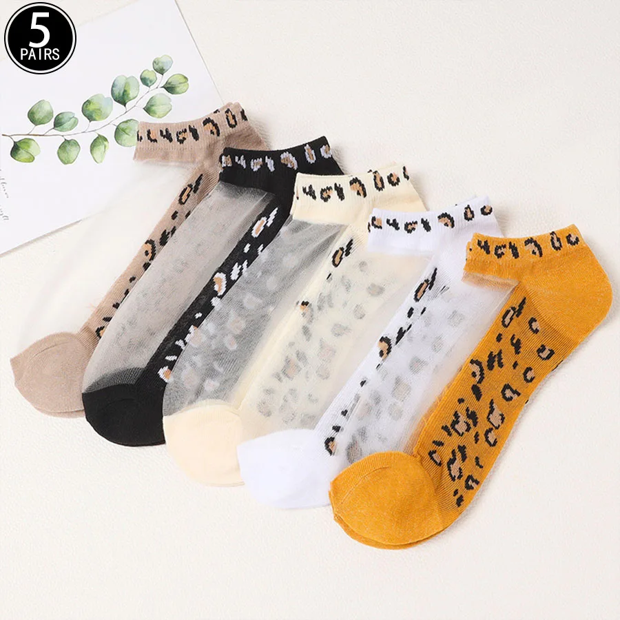 

5/10 pairs (random delivery) women's ultra-thin sexy leopard print transparent glass silk splicing breathable short women&#3