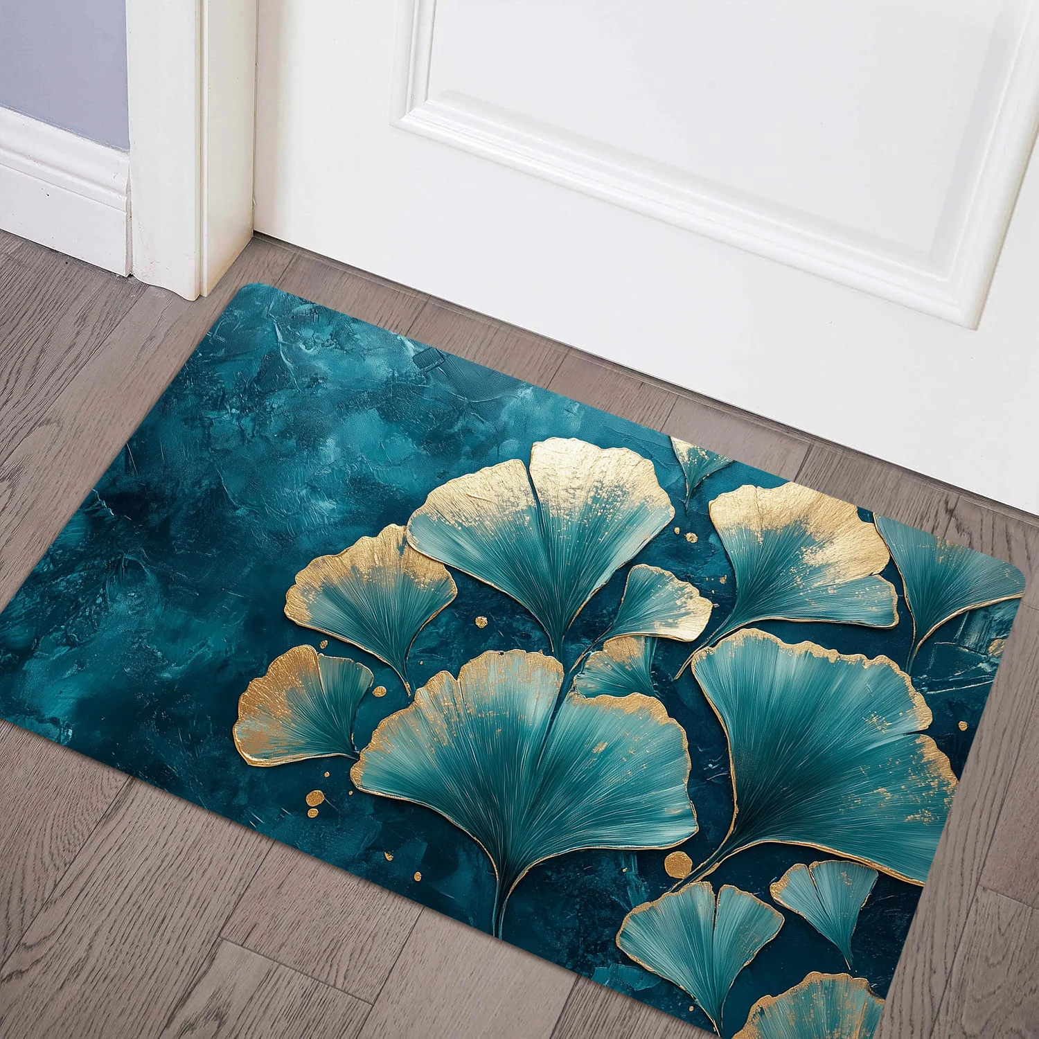 Elegant Blue Green Ginkgo Leaves with Gold Accents Area Rug, Soft Non-Slip Indoor Outdoor Floor Mat for Bedroom and Bathroom