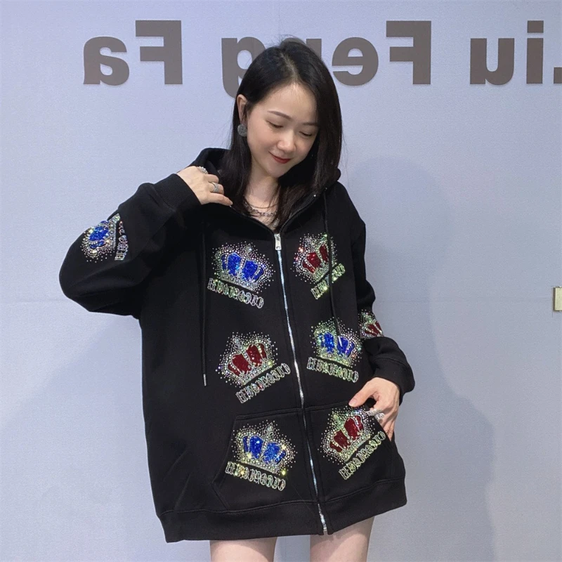 

Autumn Winter Hot Rhinestone Hooded Sweatshirt Jacket Unisex Oversize Loose Fit Couple Outfit Zipper Fleece Thickened Top Hoodie