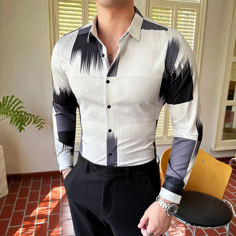 Luxury Printed Men\'s Shirt Slim Fit Long Sleeved Casual Business Dress Shirts Fashion Social Streetwear Camisa Masculina M-6XL