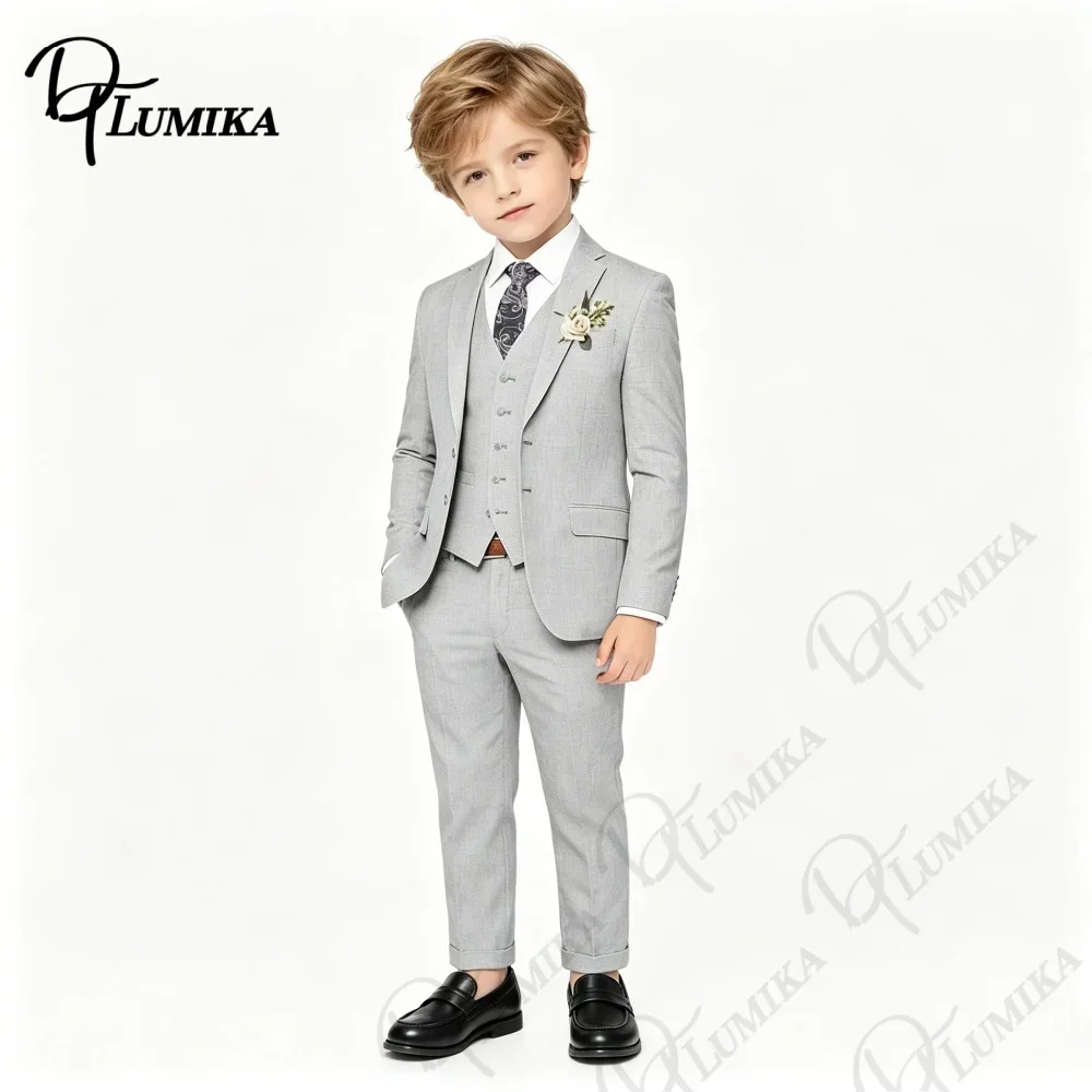 Elegant Boys Grey Linen Suit Set 4 Piece Floral Tie Kids 2026 Premium Formal Outfit for Wedding Birthday Graduation Party 3-13Y