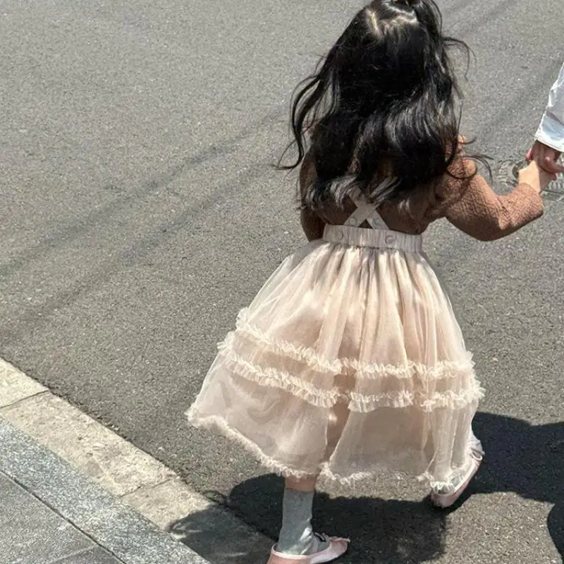 

2025 Autumn New Girls Cute Sweet Strap Skirts Solid Kids Lace Yarn Skirt Baby Girl Princess Skirt Children Bubble Skirt