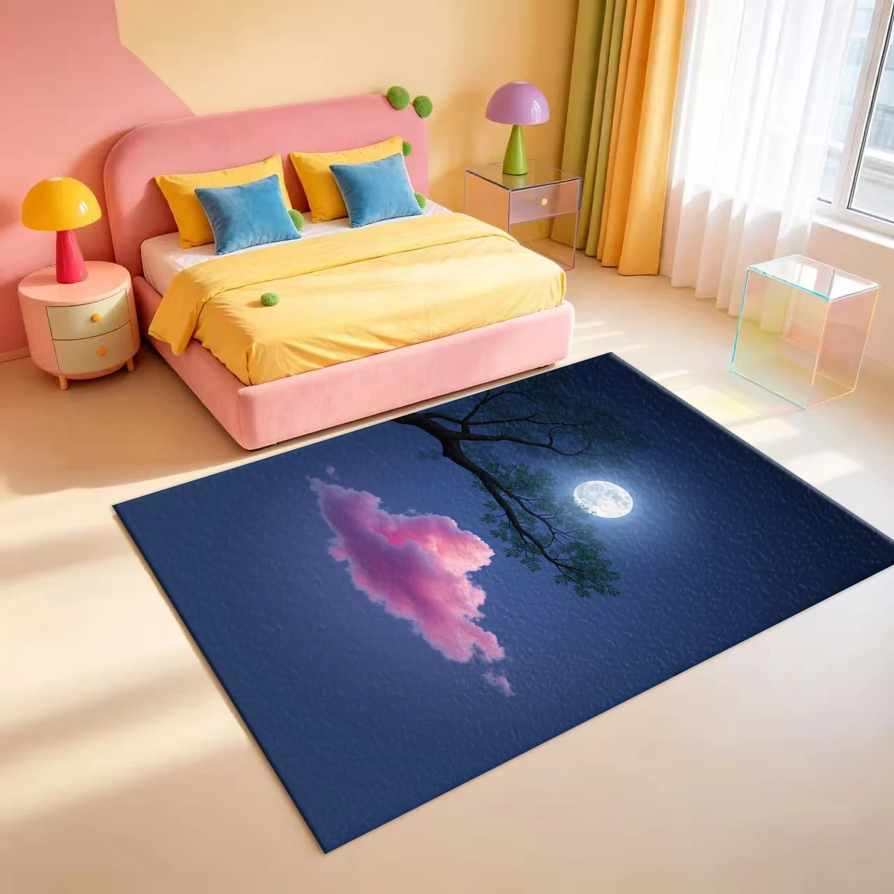 Night Scene Full Moon Pink Clouds Tree Scenery Carpet Floor Dreamy Nature Home Living Room Carpet