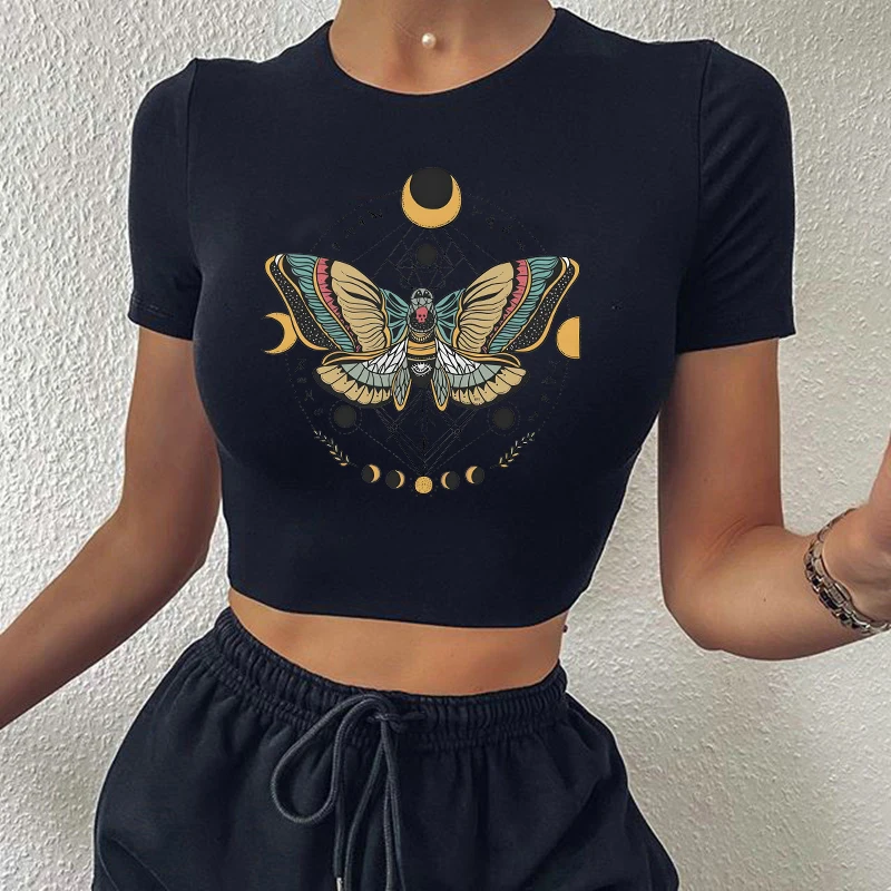 Y2K Streetwear Crop Top Harajuku Aesthetic Butterfly Printing Graphic Punk Grunge Baby Tee Vintage Short Sleeve T-shirts Fashion