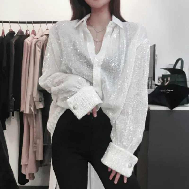 Ladies fashion sequined Shirts Loose Beading Cardigan lapel metal buckles long Lantern sleeve loose Sequins Blouses jacket Coat