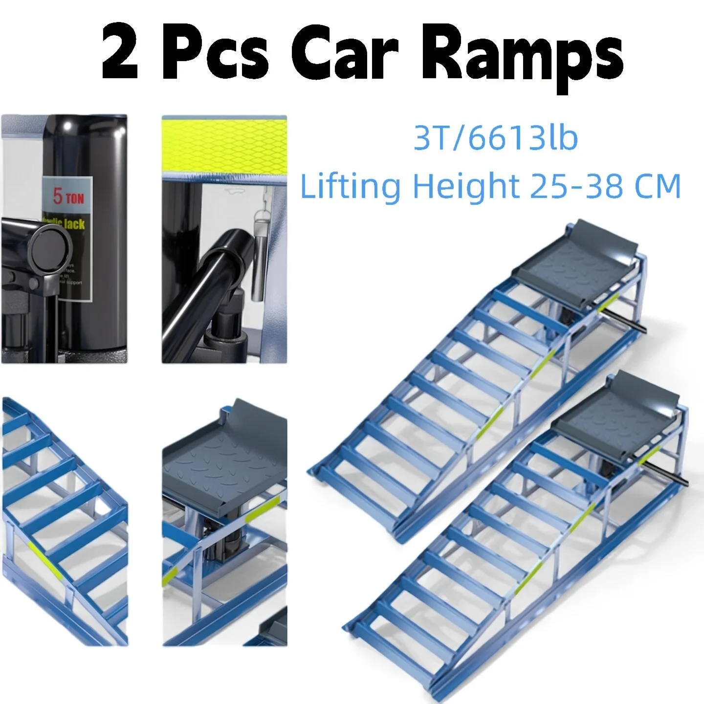 2 rampes de levage pour voiture, 3T/6613lb, rampes hydrauliques pour le changement d'huile avec bande réfléchissante intégrée pour la nuit, hauteur de levage réglable de 9,8 à 15 pouces/25 à 38 cm, pour garage domestique et atelier automobile