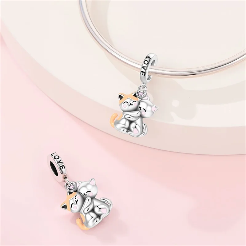 925 Sterling Silber Katzen-Umarmungs-Anhänger für Damen, passend für Original-Armbänder, DIY Geburtstagsgeschenk, Schmuck – Detail 4