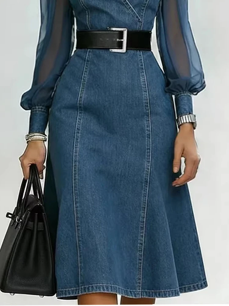Streetwear Denim A-Line Dress Summer Women Tulle Puff Long Sleeve See Through V Neck Maxi Dresses Vintage Jean Dress With Belt