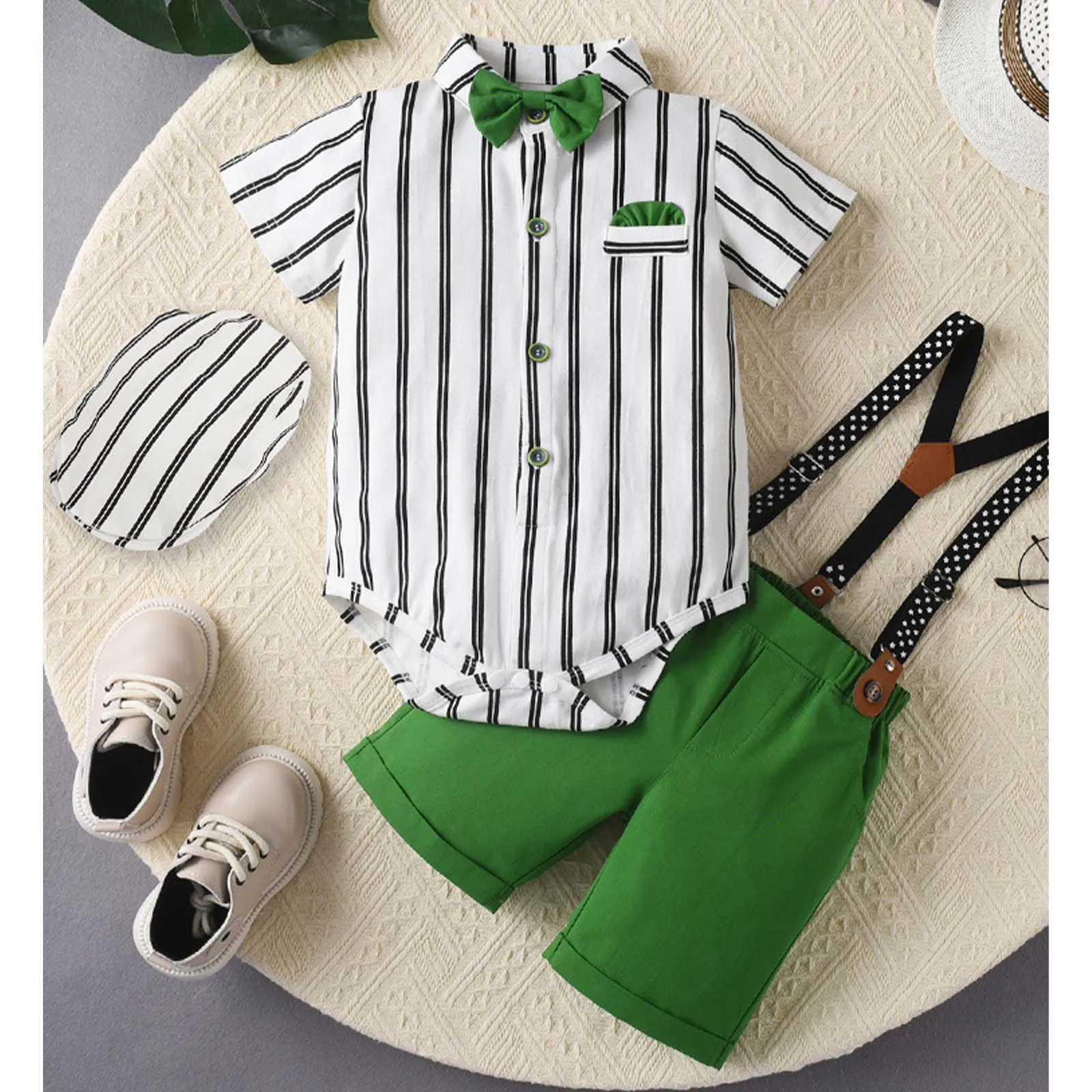 Baby Boys Clothing Short Sleeve Lapel Striped Shirt Romper with Bowtie Suspender Shorts Hat Summer Birthday Party Gentlemen Suit
