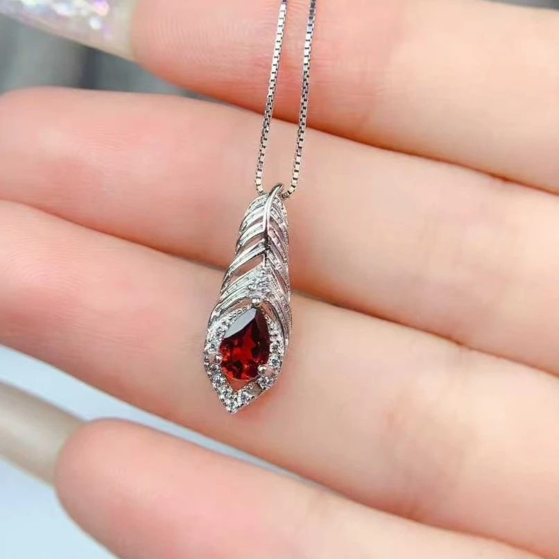 

925 Silver Feather Pendant Natural Garnet Pendant with Silver Necklace 4mm*6mm Genuine Garnet Jewelry