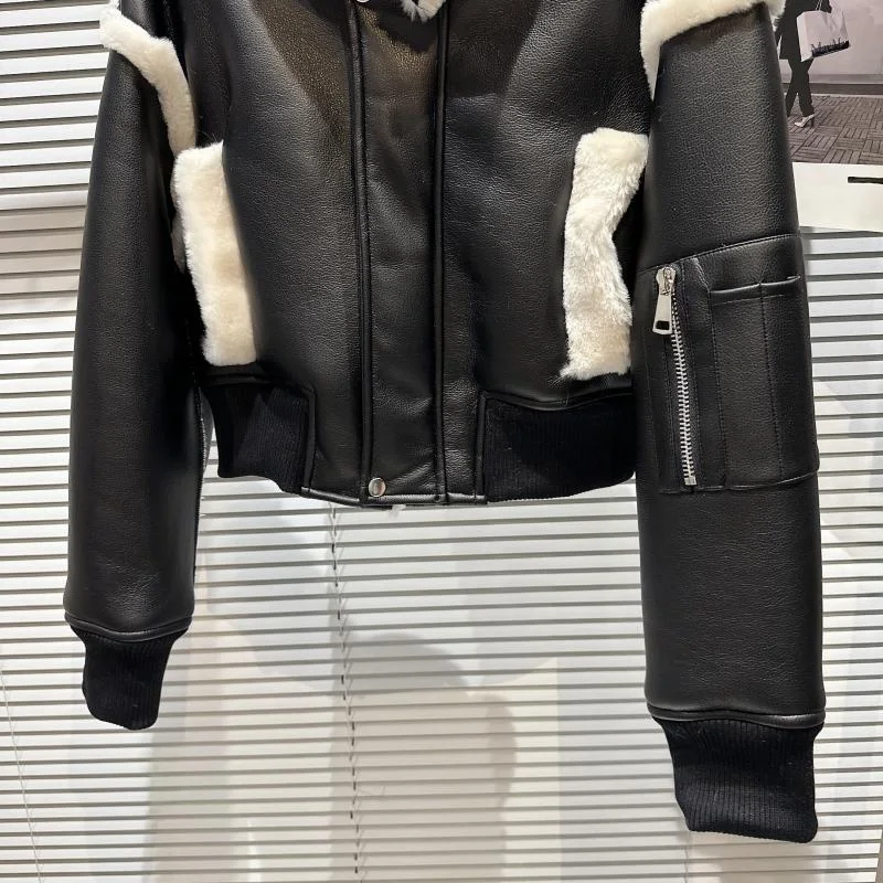 Thiened Plu Fur Collar Leather Jaet Unique Sle Winter New Arrival Women's Straight Cut Long Sve Zipper Coat