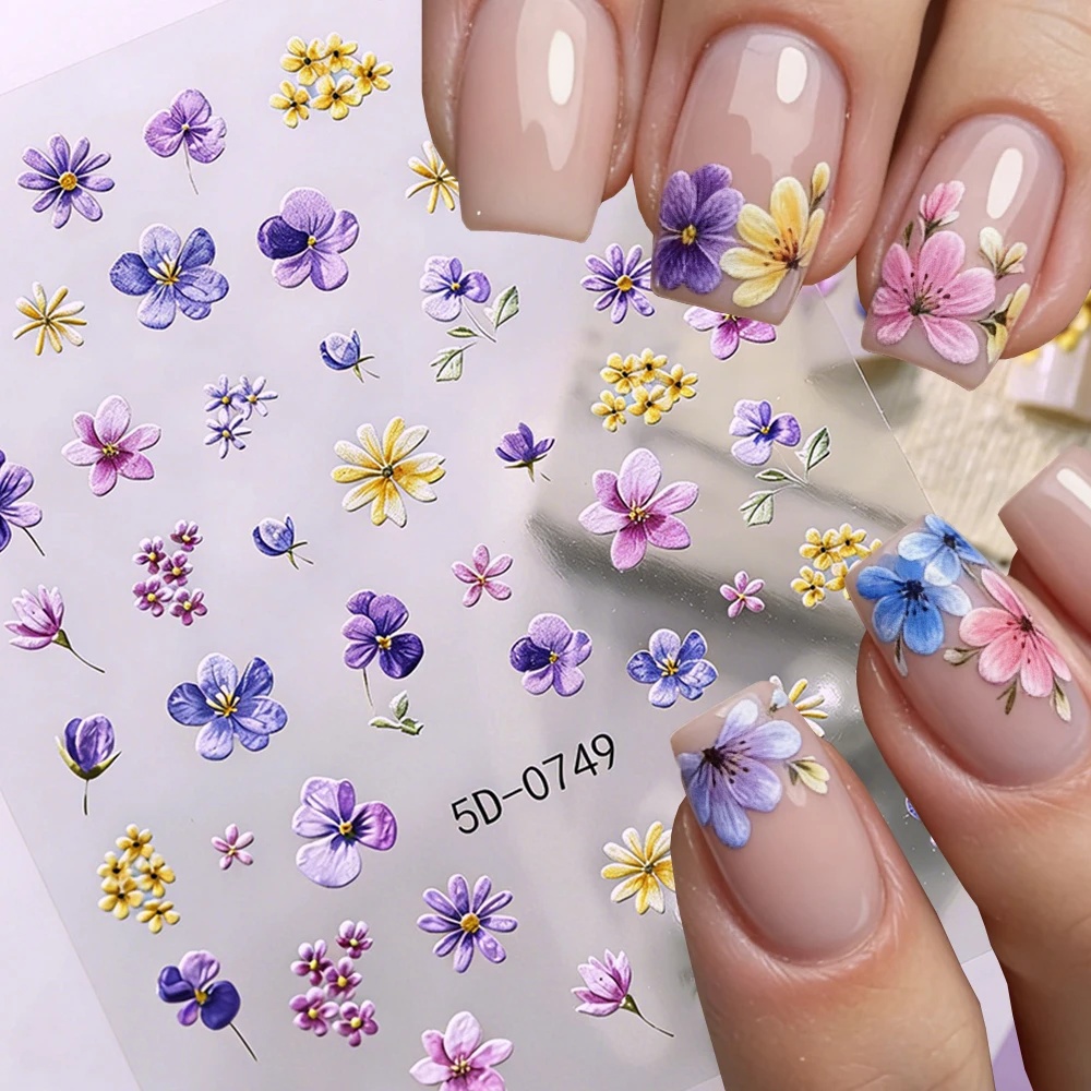 1Pcs 5D Dried Flower Template Design Nail Stickers Cute Three Colored Violet Small Daisy Spring Jasmine Flowers Nail Decals Deco