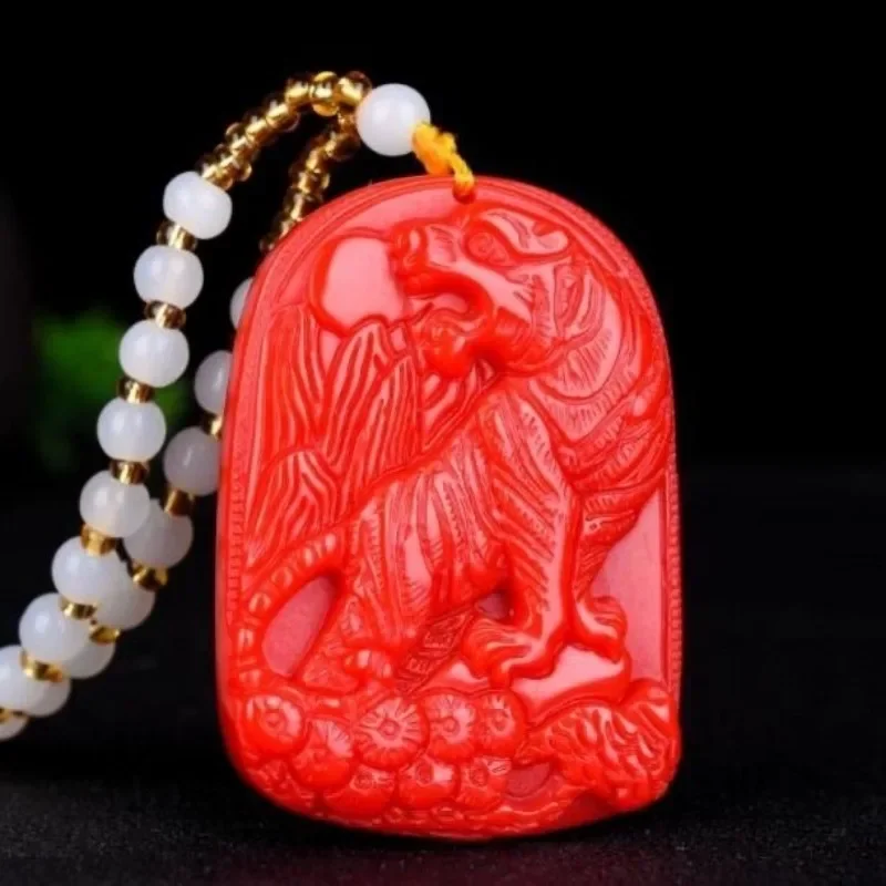 Chinese Fashion Red Jade Tiger Pendant Necklace Chinese Charm Ite Jewelry Carved Amulet Luck Gifts for Her Men Sweater Chain