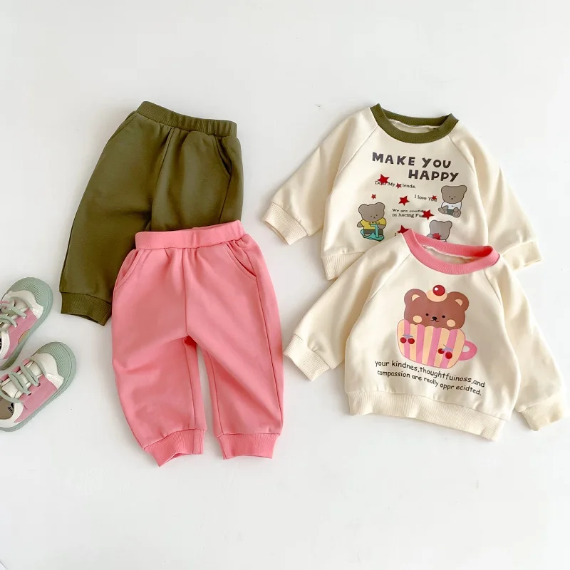 

0-3Years Cute Newborn Baby Boy Girl Pant Set INS Autumn Long Sleeve Cartoon Pullover Sweatshirt Tops+Jogger Bottom 2PCS Outwear