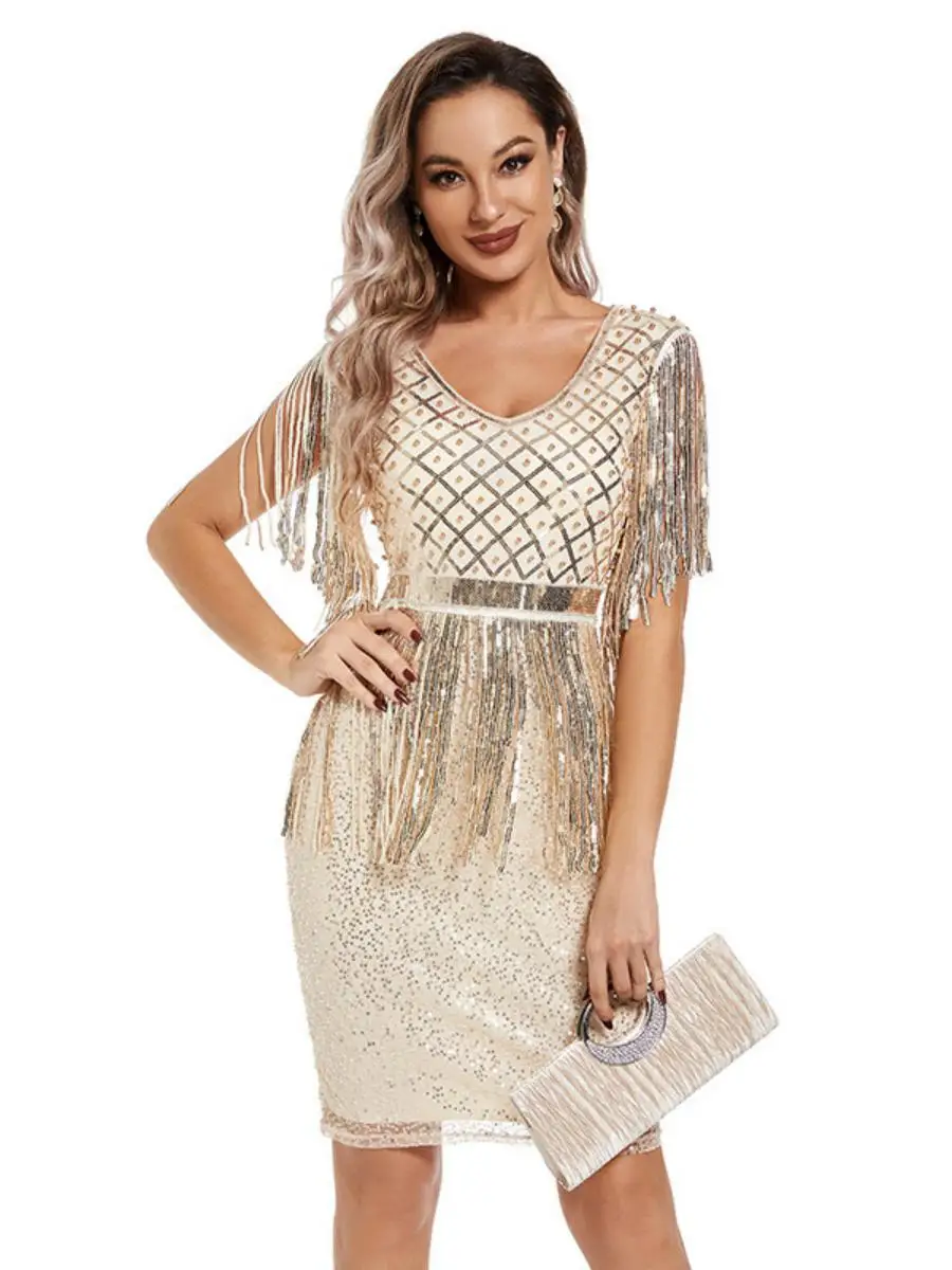 Sexy Retro Sequin Dr Tassel Trim Embroidered Gown Evening Par Ball Gown mid Waist Polyester Fabric Svel Bodycon Dr