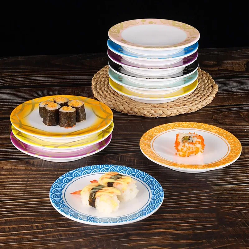 

10 шт., меламиновая тарелка для суши, шведский стол, вращающаяся конвейерная лента, поезд, японская еда, круглая сервировочная тарелка, аксессуары для ресторана