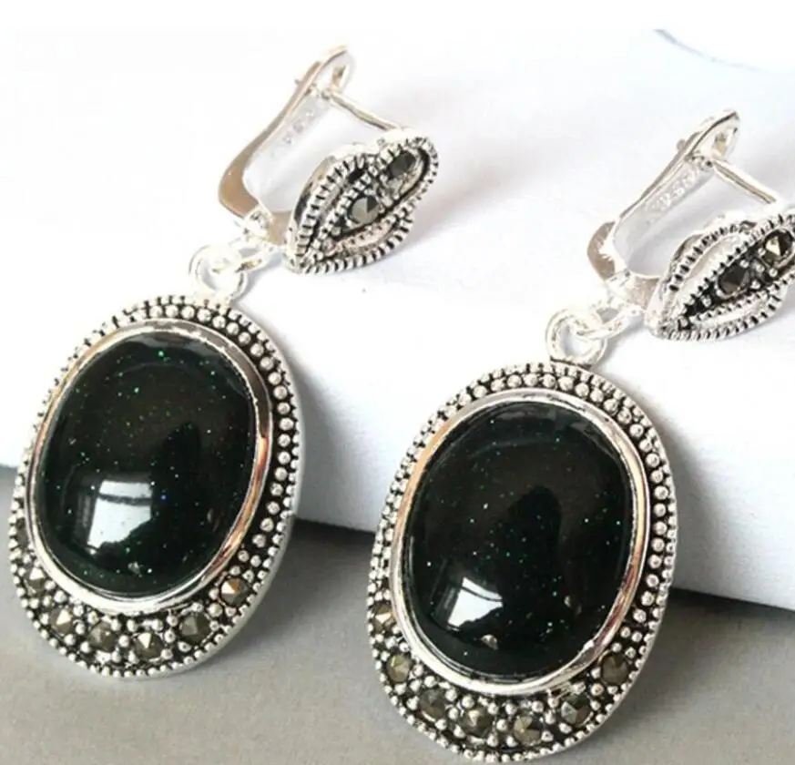 

Fashion 925 Silver Natural jade Sand Stone Marcasite Earrings 11/2"