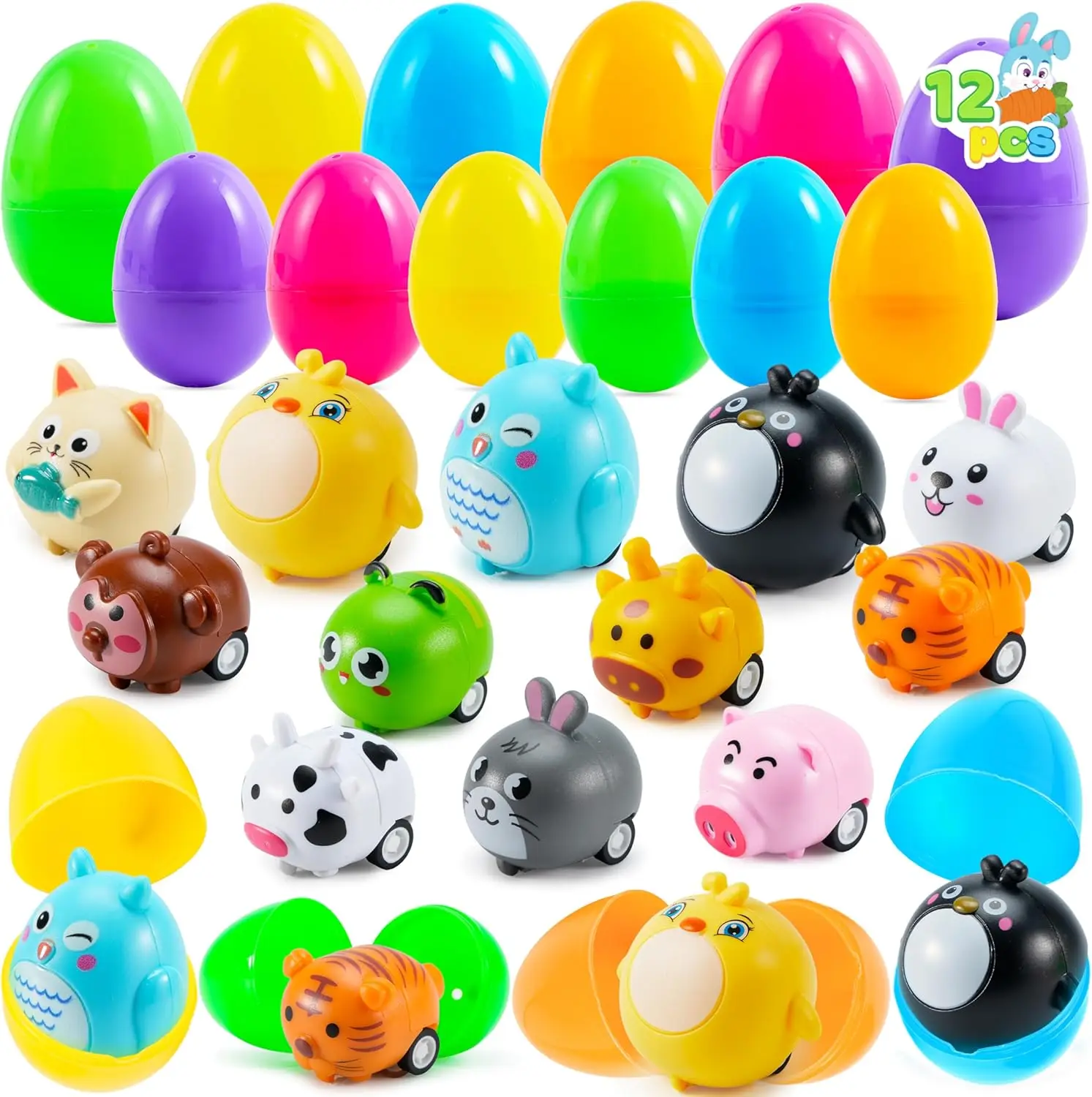 

12 Prefilled Easter Eggs with Animal Cars, Basket Stuffers, Party Favors for Kids and Classrooms