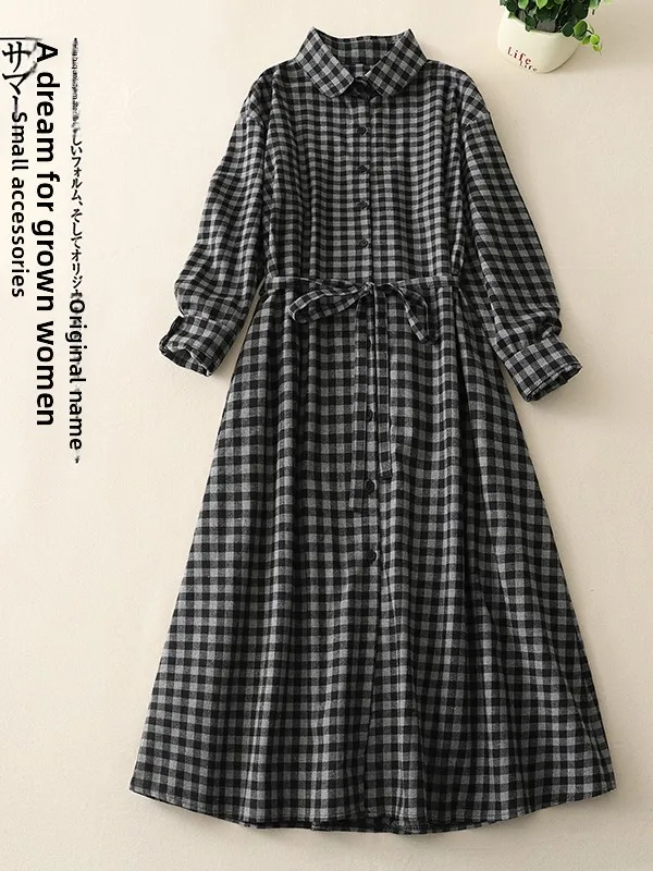 High-End Women's Plaid Long Sleeve Open Cardigan Dress plus Size Waist-Cinching Slimming Shirt Dress Vintage Style A-Line Skirt
