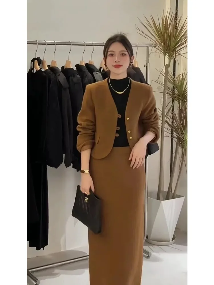 Lnsozkdg Herfst Winter Vrouwen 2 Stuks Rok Set Elegante Lange Mouwen Wollen Jassen En Hoge Taille Split Rechte Wollen Rokken