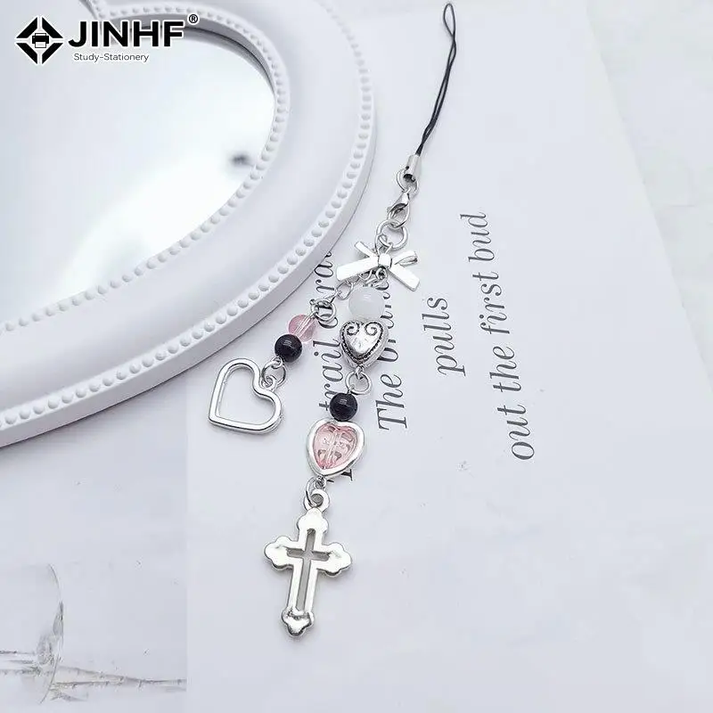 Phone Charm Strap Y2K Keychain Kawaii-Cute Pendant Jewelry Keyring Lanyard String Cross Love Heart Beaded Chain For Women Girl