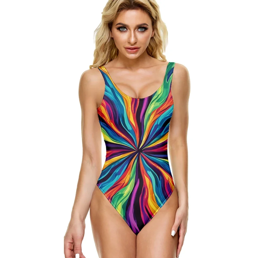 One Piece ​Swimsuit Gradient​ Psychedelic Sunburst Print Casual Tummy Control Beach Swimwear Swimming Bathing Women Clothing