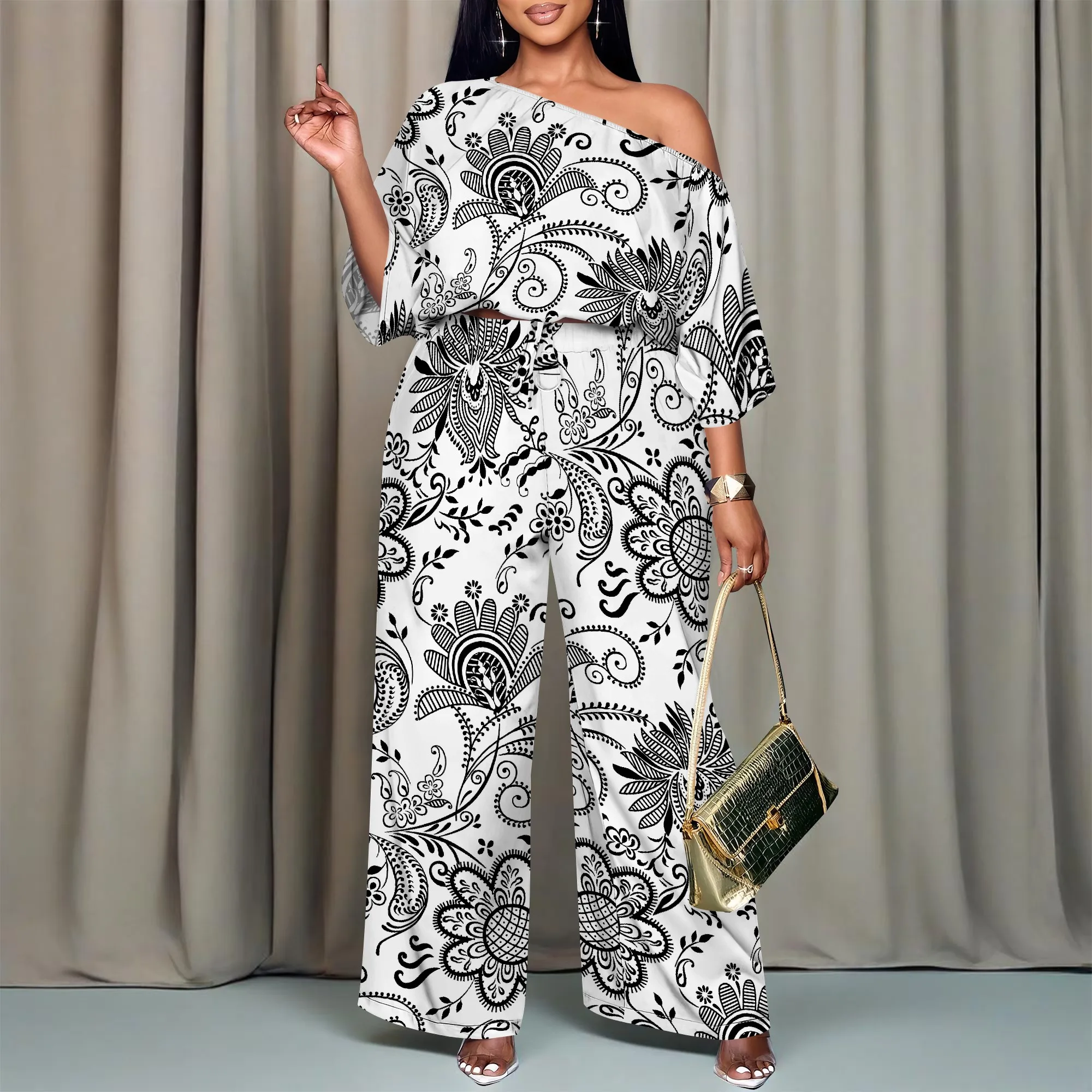 

Nupusa Floral Print Two - Piece Set for Women Standard Size Summer Casual Off - Shoulder Half Sleeve Wide Leg Set