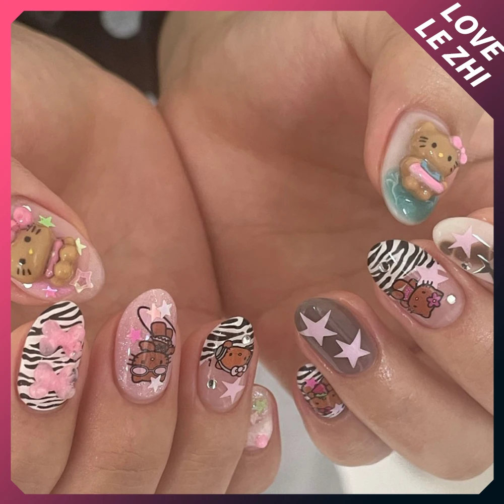 Sanrioed-Hello Kittys Almond, manicura corta hecha a mano, dibujo animado 3D, azul y rosa