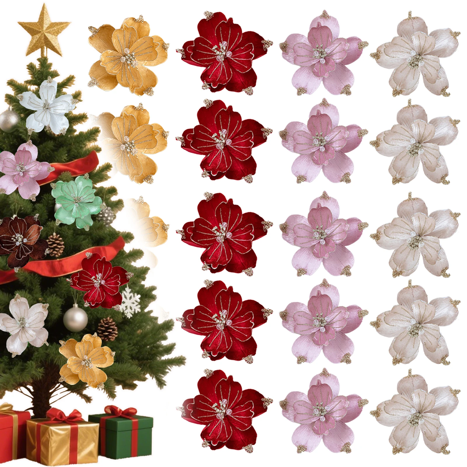 

5PCS/10PCS 22cm Christmas Decoration Glitter Flowers Christmas Tree Pendant for Home Decor Xmas Navidad New Year 2026 Ornaments