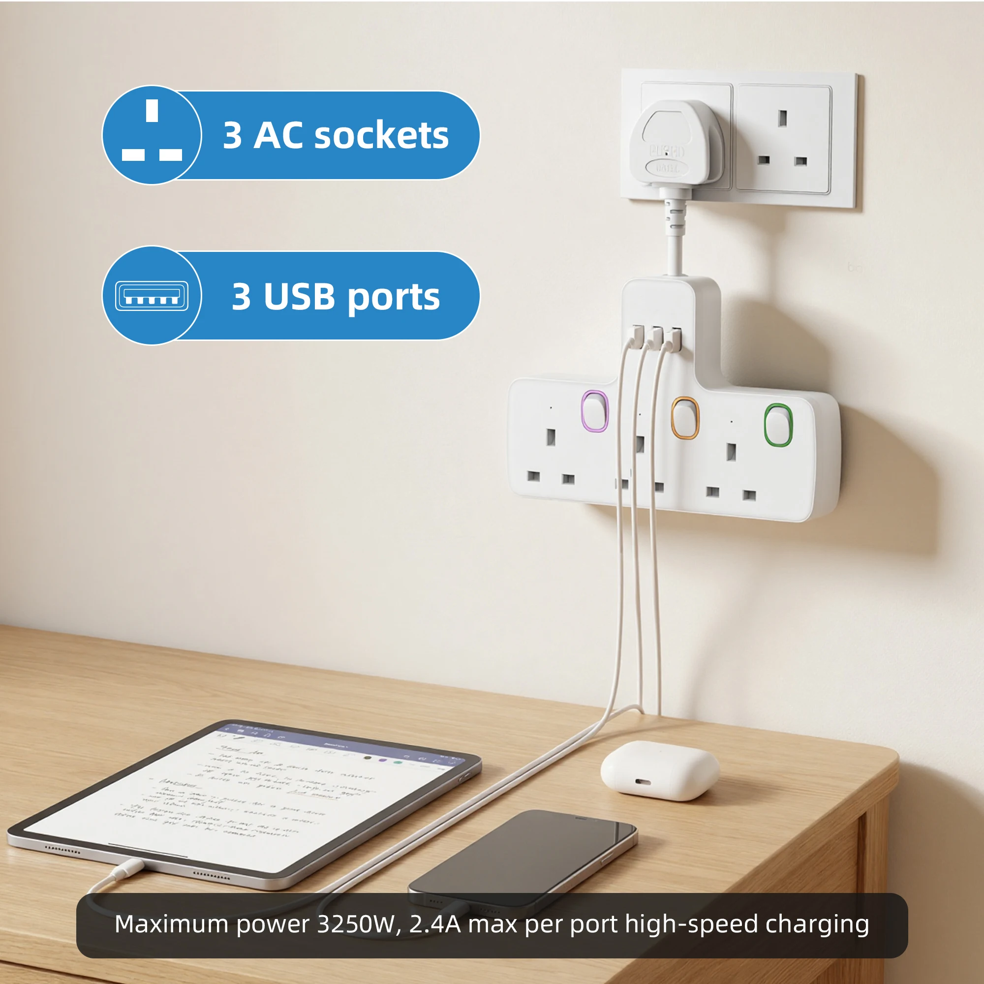 British Standard Power Strip with 3 USB Ports and 3 Ac Power Sockets, Featuring Surge Protection, Flat Plug Design, and Space-Saving Features. This Socket Extender Is Equipped with Independent Switches for Each Socket to Prevent Power Waste, and Its Compact Flat Plug Design Is Suitable for Narrow Spaces, Making It Ideal for Homes, Offices, Travel, and Other Locations.