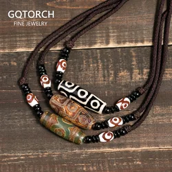 Natural Tibetan Onyx 3 Eyes Dzi Pendant Necklace Adjustable Rope Chain Choker Necklace For Women And Men Buddhism Jewelry