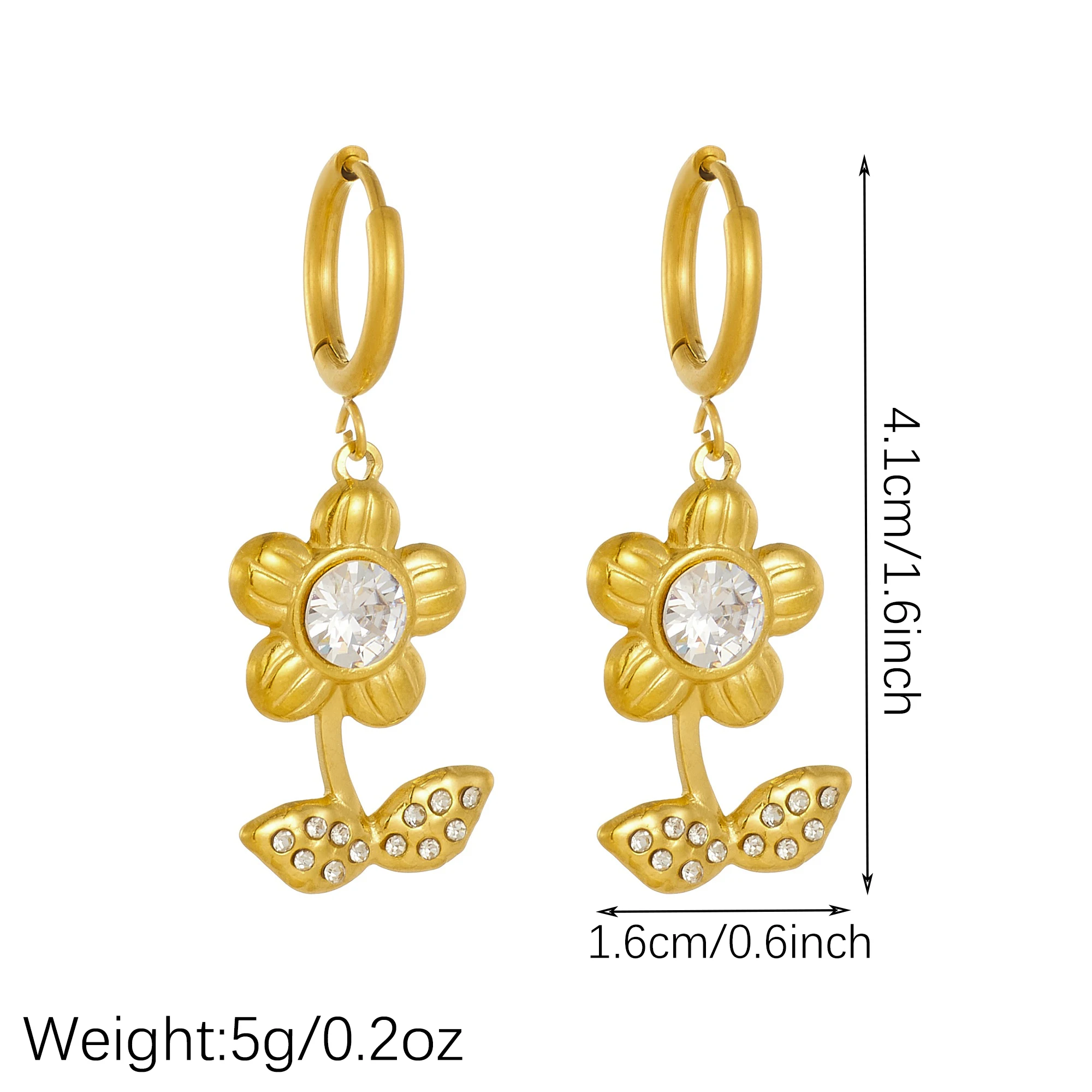 MEYRROYU 316L Stainless Steel Golden Flower Stem Leaf Inlay Round Zircon Hoop Earrings Women Waterproof  Elegant Jewelry Gift