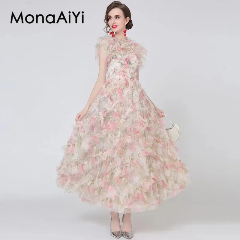 

MonaAiYi Summer Women's Ball Gown Dress Butterfly sleeve Edible Tree Fungus Edge High Waiste Sweet Palace Style Dresses