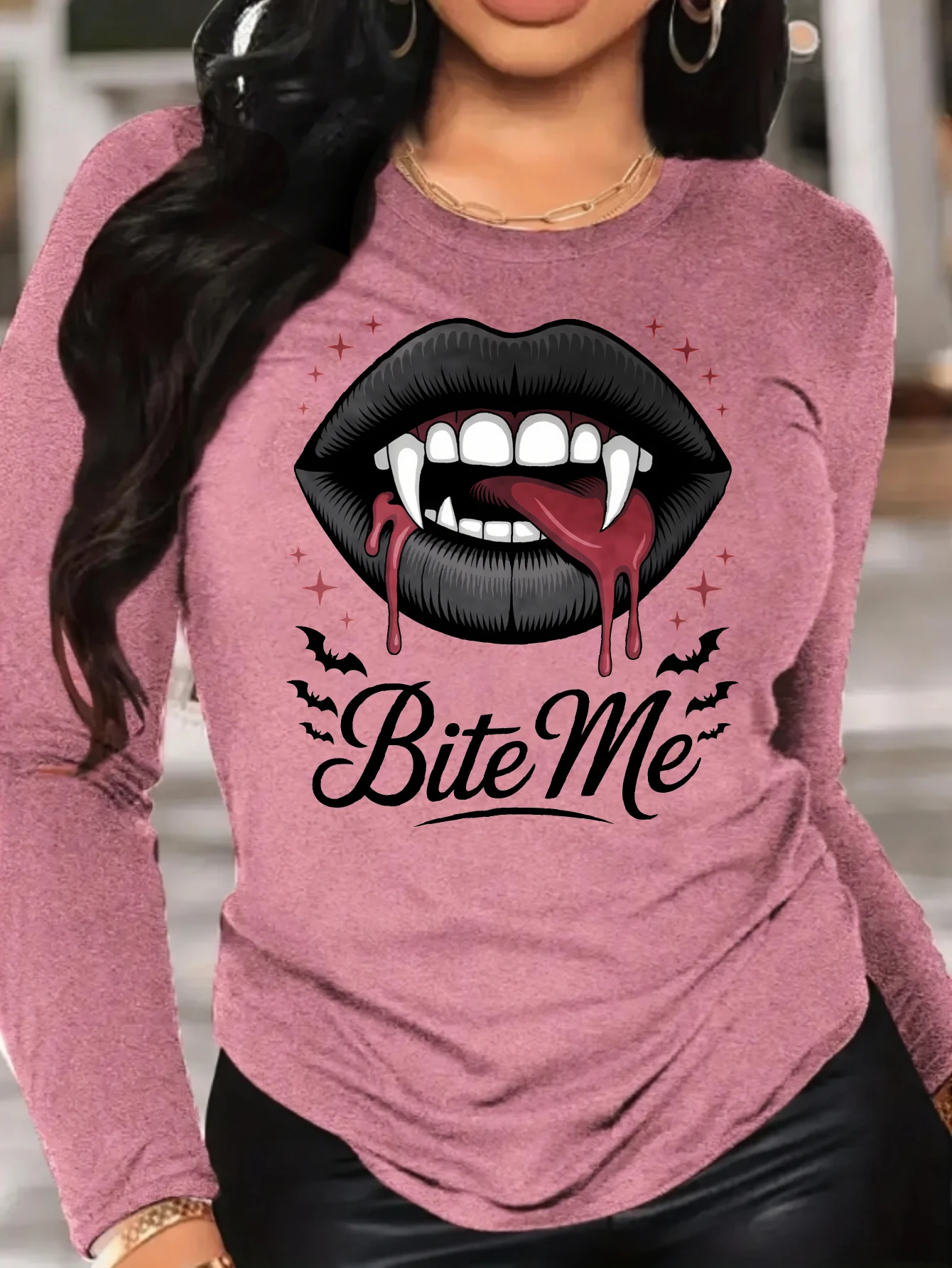 Bite Me Fangs Lips Unisex Halloween Fashion Tee Long Sleeve Cotton Shirt for Warm Autumn Looks