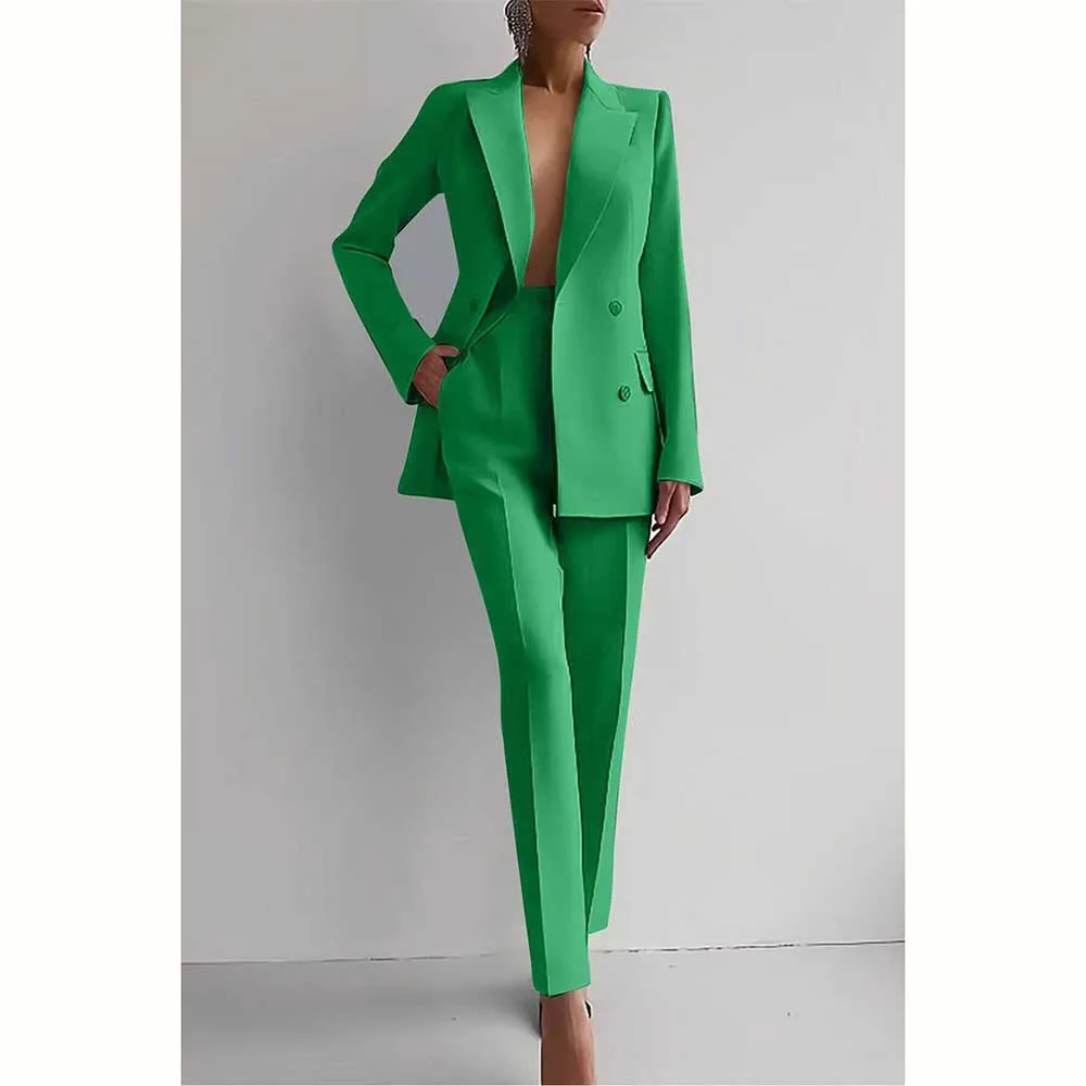 Traje elegante de 2 piezas para mujer, chaqueta con doble botonadura, pantalones, ropa ajustada para oficina, color verde, rojo y azul