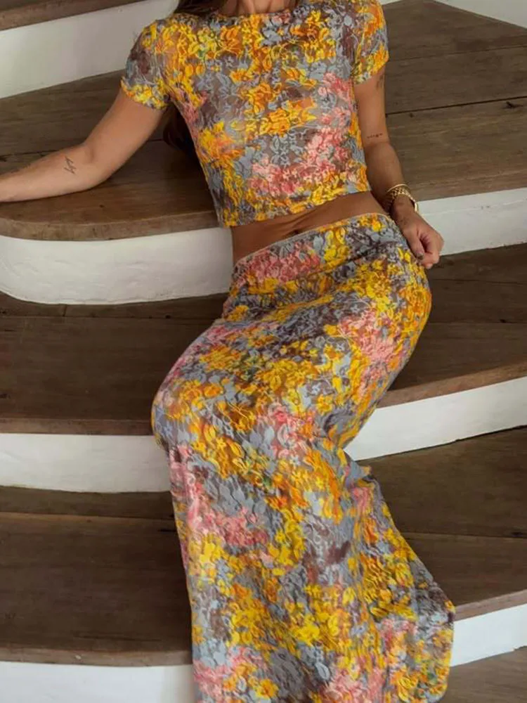 

Vacation Crop Leisure Women's Two Piece Set Sexy Perspective Slim Fit Long Skirt Outfit Fashion Printed Short Sleeve Summer Suit