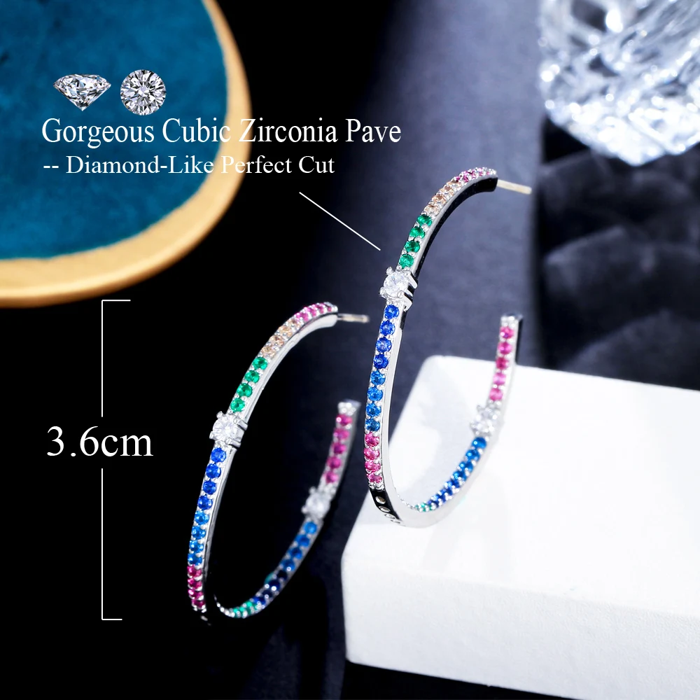 CWWZircons Trendy Double Sided Rainbow CZ Stone Pave Half  Round Circle Thin Hoop Earrings for Women Gold Plated Jewelry CZ574