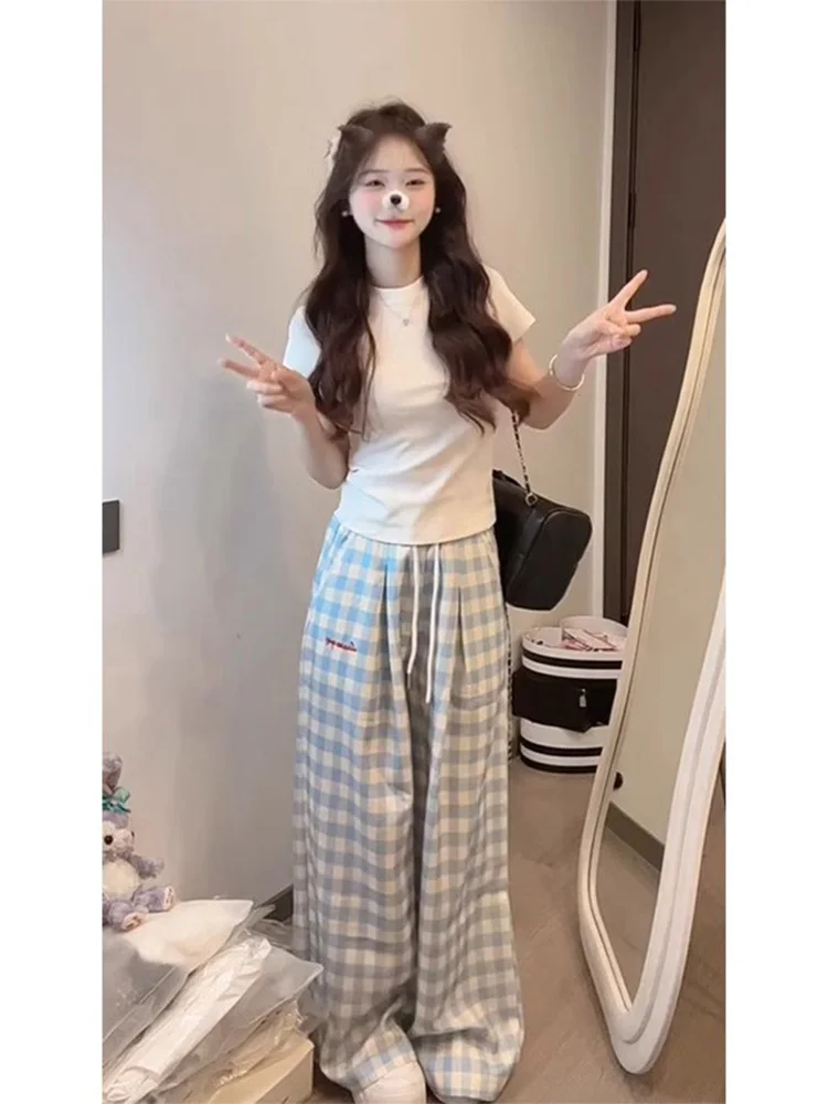 High Waist Wide Leg Pants Women's Summer New Small Size Loose Straight Casual Trousers Dopaamine Blue Check Commute Style