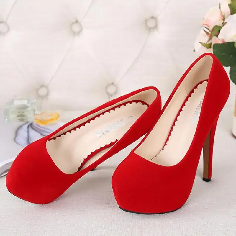 Heels Women Luxury Street Style British Style Sexy Fashion ELEGANT Slip-On 14CM Thin Heels Round Toe Party Women Shoes Red 35-46