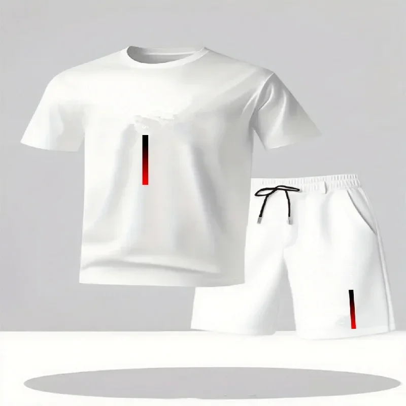 New Minimalist Solid-Color Paris Letter Print T-Shirt and Shorts Two-Piece Set Summer Plus-Size Athletic Men's Short-Sleeve Set
