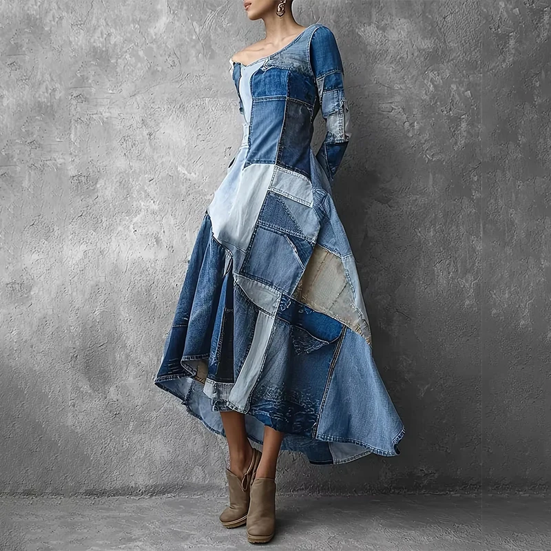 

Chic Autumn Denim Patchwork Skew Neck Women Long Dress A Line High Street Jean Vesidos 2025 New Lady Slim Irregular Dress
