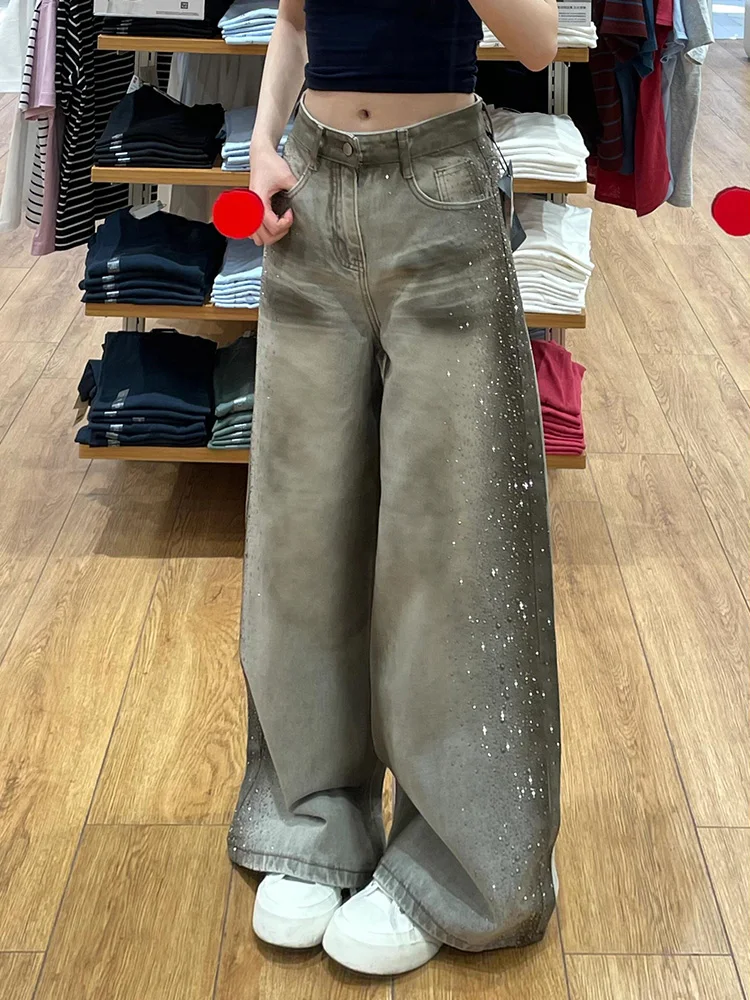 American High Street Style Faded Denim Jeans Women's Autumn Side Rhinestone Floor-Length Pants Vintage Trendy Casual Wear