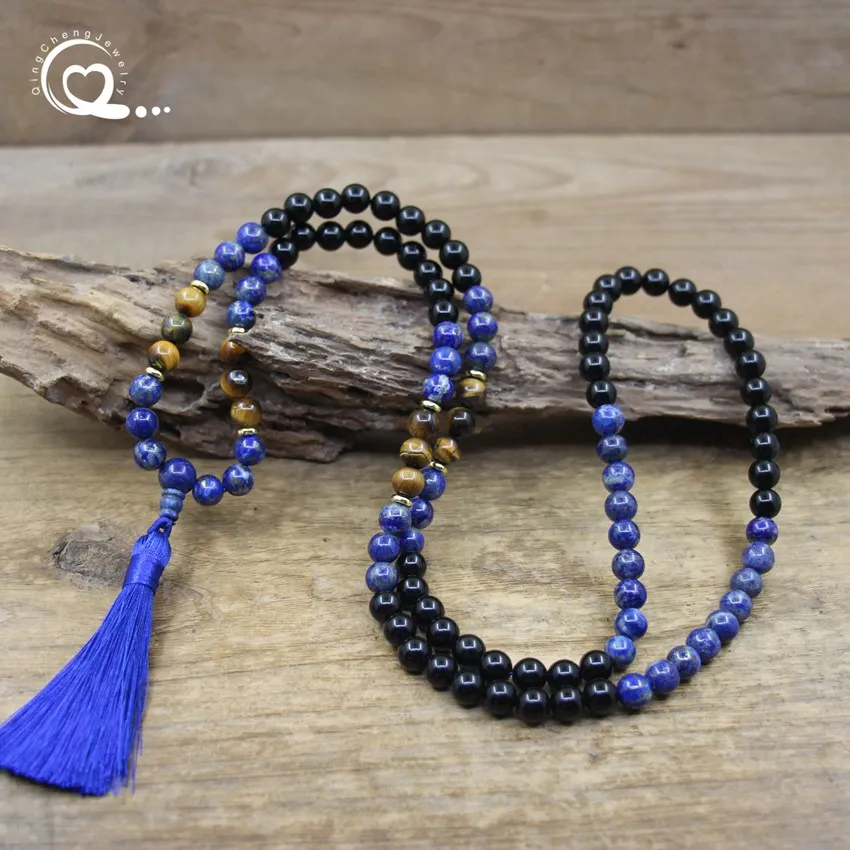 

8mm Natural Lapis Lazuli 108 Beads Yoga Mala Necklace Obsidian Tiger eye Japamala Tassel Meditation Prayer Jewelry Rosary,QC0171