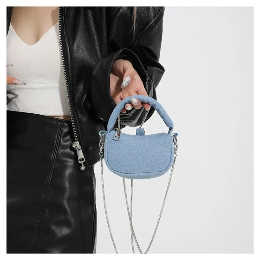 Casual Small Denim Handbag Square Headphone Bag Girl Shoulder Bag Lipstick Storage Bag Zipper Chain Crossbody Bag