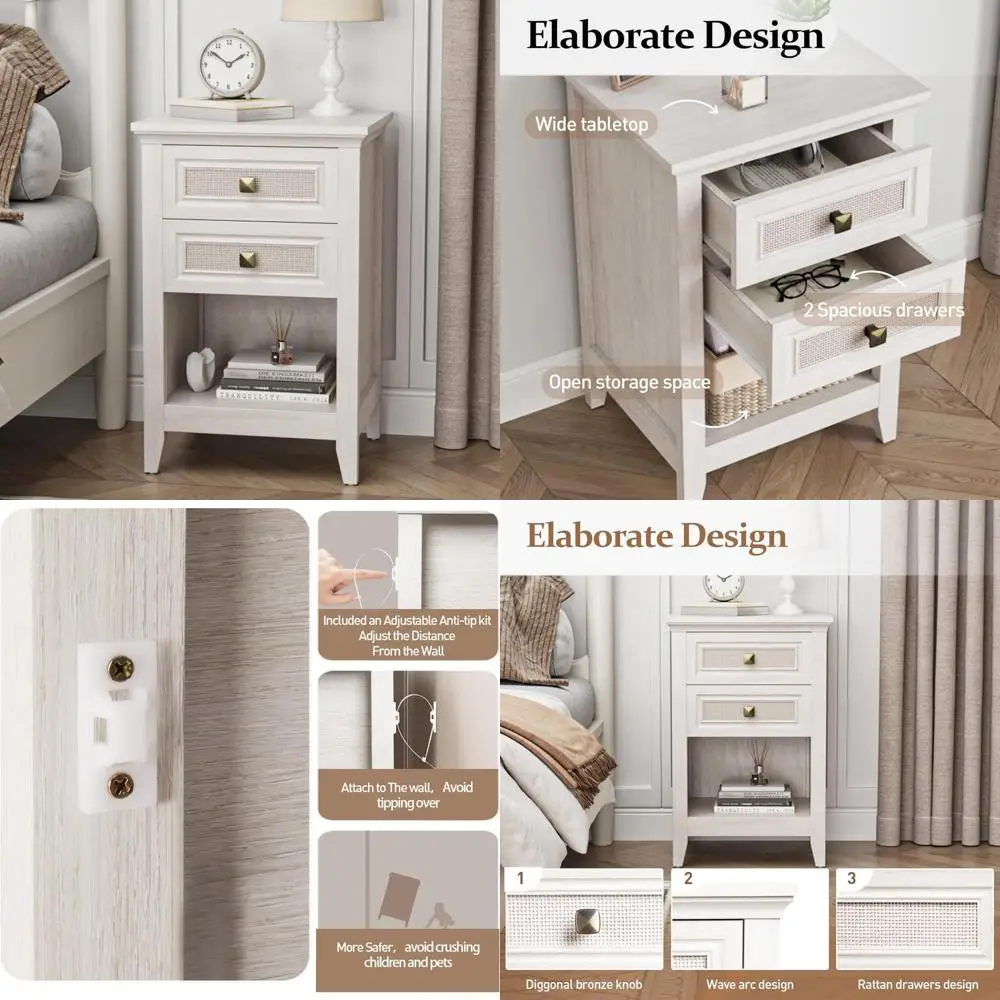 bohemian style rattan nightstand for bedrooms, 2-drawer bedside table with open shelf, wooden accent furniture