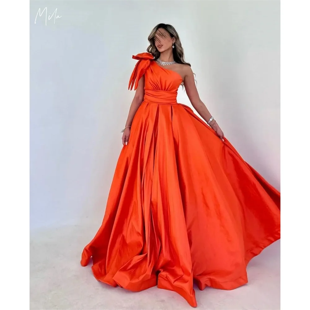 

Mila Customized Orange Taffeta One Shoulder With Bow Prom Dresses A-line vestidos de fiesta Floor-Length Pleats فساتين سهرة